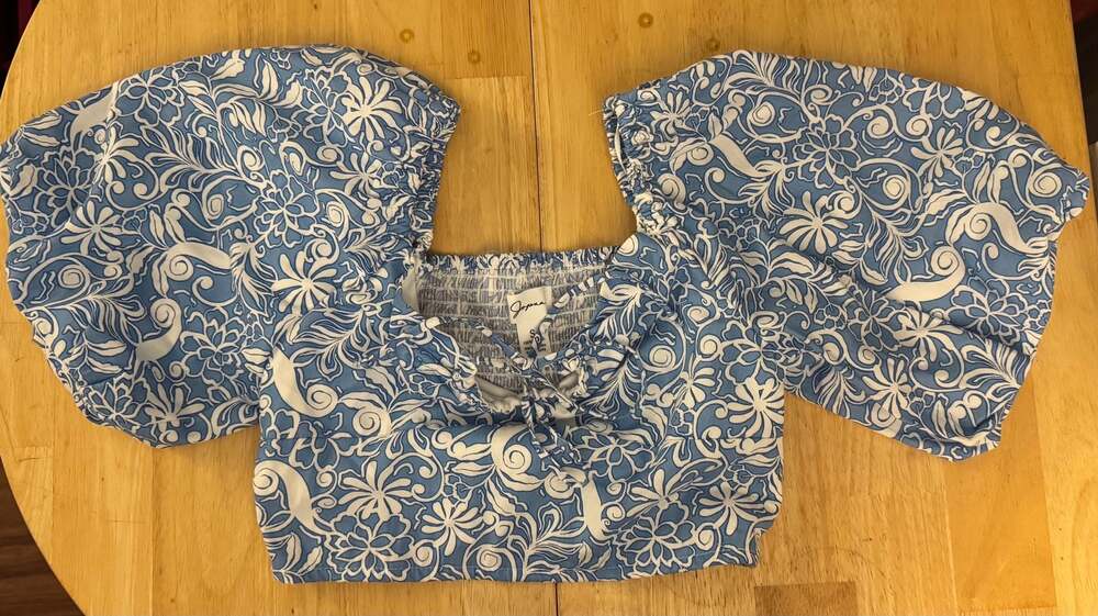 Japna Blue and White Floral Smocked Puff Sleeve Crop Top size small